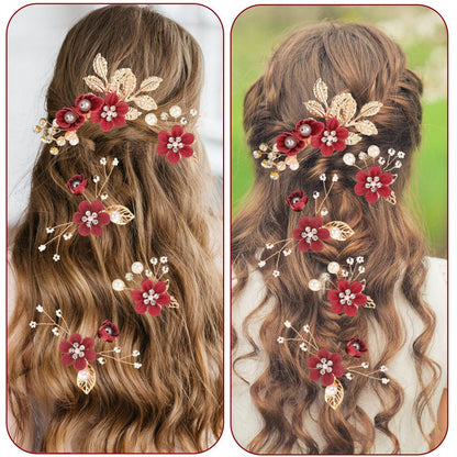 5 Pcs Bridal Flower Wedding Hair Pins - Crystal Pearl Rhinestone Burgundy Flower Hair Clips Headpiece for Brides Bridesmaids Women Girls