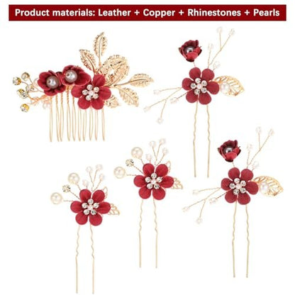 5 Pcs Bridal Flower Wedding Hair Pins - Crystal Pearl Rhinestone Burgundy Flower Hair Clips Headpiece for Brides Bridesmaids Women Girls