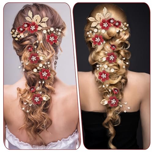 5 Pcs Bridal Flower Wedding Hair Pins - Crystal Pearl Rhinestone Burgundy Flower Hair Clips Headpiece for Brides Bridesmaids Women Girls - görsel 8