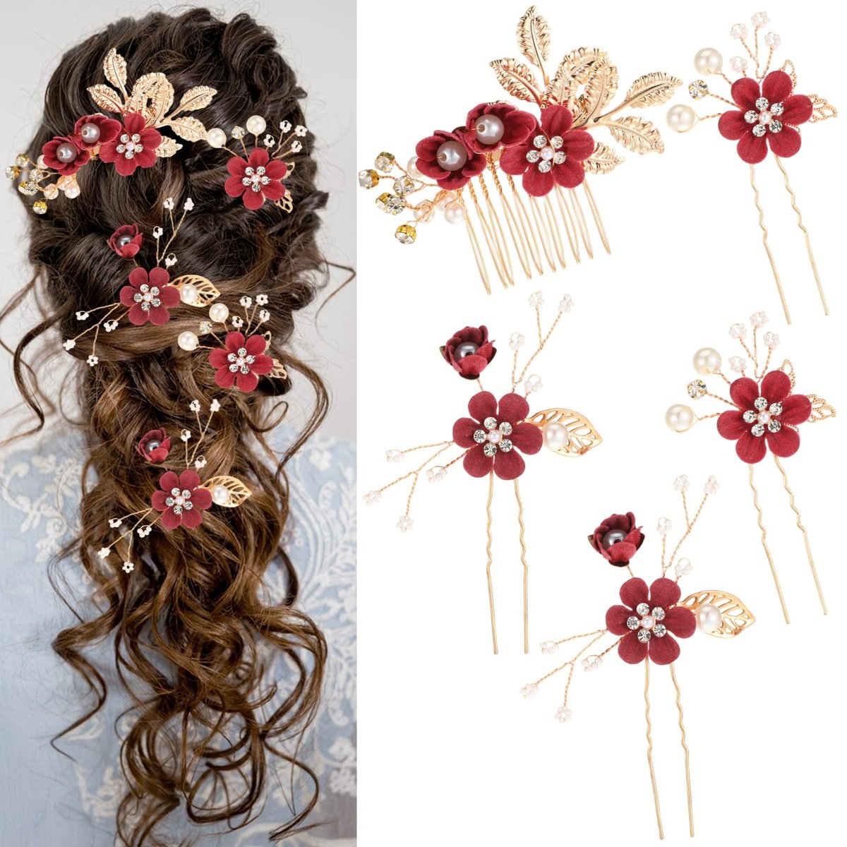 5 Pcs Bridal Flower Wedding Hair Pins - Crystal Pearl Rhinestone Burgundy Flower Hair Clips Headpiece for Brides Bridesmaids Women Girls - görsel 1