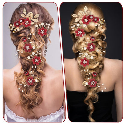 5 Pcs Bridal Flower Wedding Hair Pins - Crystal Pearl Rhinestone Burgundy Flower Hair Clips Headpiece for Brides Bridesmaids Women Girls