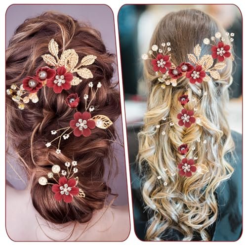 5 Pcs Bridal Flower Wedding Hair Pins - Crystal Pearl Rhinestone Burgundy Flower Hair Clips Headpiece for Brides Bridesmaids Women Girls - görsel 12