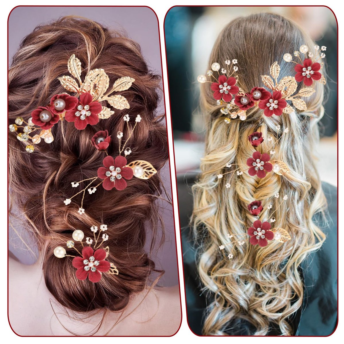 5 Pcs Bridal Flower Wedding Hair Pins - Crystal Pearl Rhinestone Burgundy Flower Hair Clips Headpiece for Brides Bridesmaids Women Girls - görsel 11