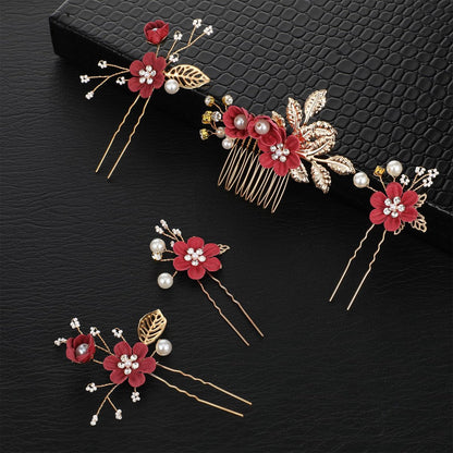 5 Pcs Bridal Flower Wedding Hair Pins - Crystal Pearl Rhinestone Burgundy Flower Hair Clips Headpiece for Brides Bridesmaids Women Girls