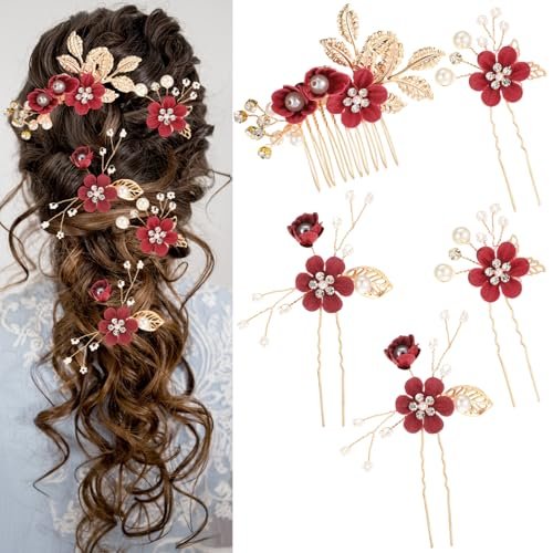 5 Pcs Bridal Flower Wedding Hair Pins - Crystal Pearl Rhinestone Burgundy Flower Hair Clips Headpiece for Brides Bridesmaids Women Girls - görsel 2