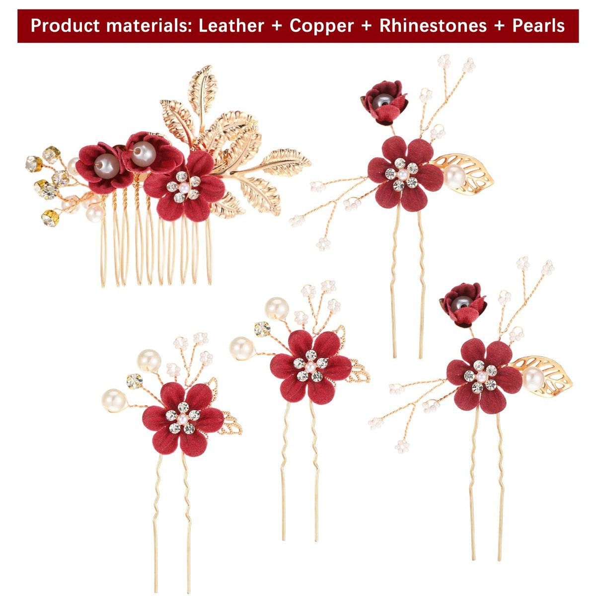 5 Pcs Bridal Flower Wedding Hair Pins - Crystal Pearl Rhinestone Burgundy Flower Hair Clips Headpiece for Brides Bridesmaids Women Girls - görsel 5