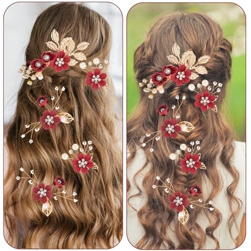 5 Pcs Bridal Flower Wedding Hair Pins - Crystal Pearl Rhinestone Burgundy Flower Hair Clips Headpiece for Brides Bridesmaids Women Girls - görsel 10