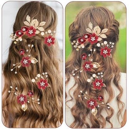 5 Pcs Bridal Flower Wedding Hair Pins - Crystal Pearl Rhinestone Burgundy Flower Hair Clips Headpiece for Brides Bridesmaids Women Girls