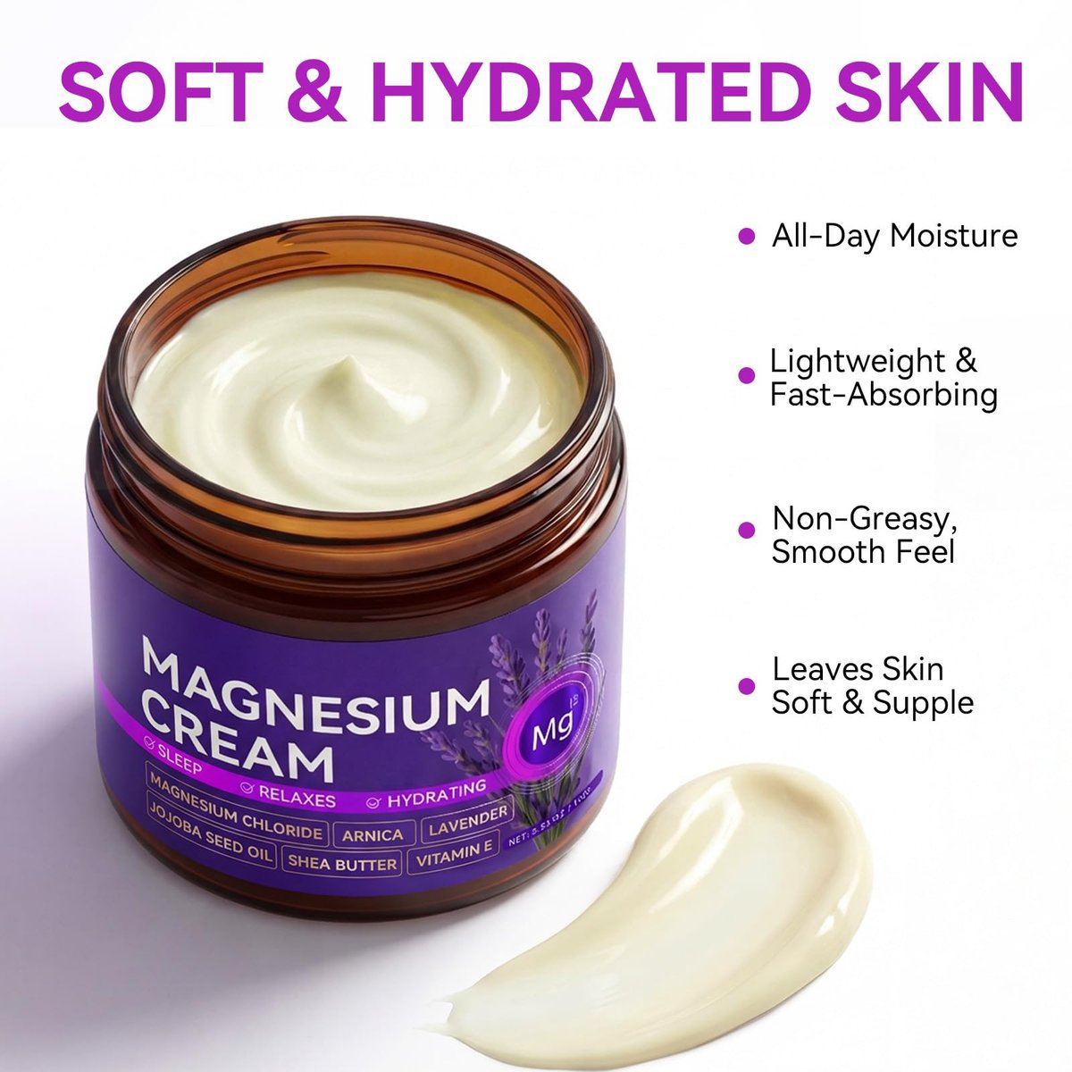 Magnesium Cream for Sleep & Muscle Relief - Nighttime Lotion with Arnica & Lavender, Natural Ingredients for Foot, Leg & Knee Calming, Deeply Hydrating Skin Care for Women & Men, 3.53 oz - görsel 11