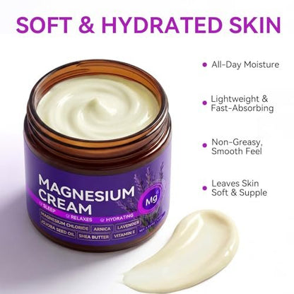 Magnesium Cream for Sleep & Muscle Relief - Nighttime Lotion with Arnica & Lavender, Natural Ingredients for Foot, Leg & Knee Calming, Deeply Hydrating Skin Care for Women & Men, 3.53 oz
