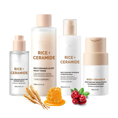 Rice Ceramide Moisturizing Skincare Set - Korean Glow Travel Gift Kit with Rice Water 4-Step Routine