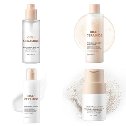 Rice Ceramide Moisturizing Skincare Set - Korean Glow Travel Gift Kit with Rice Water 4-Step Routine