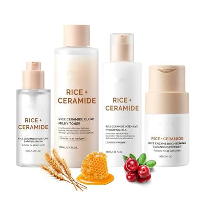 Rice Ceramide Moisturizing Skincare Set - Korean Glow Travel Gift Kit with Rice Water 4-Step Routine