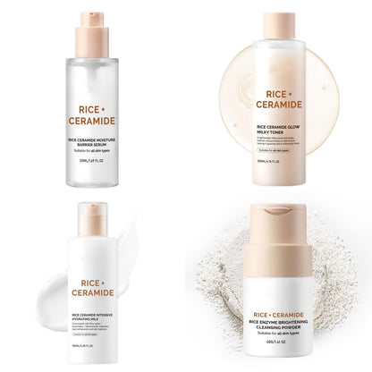 Rice Ceramide Moisturizing Skincare Set - Korean Glow Travel Gift Kit with Rice Water 4-Step Routine