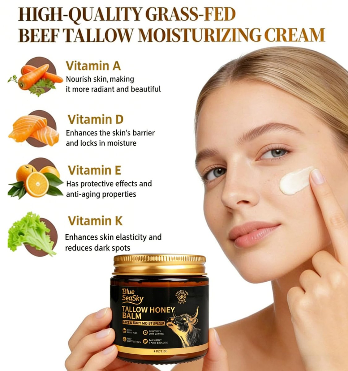 Whipped Beef Tallow for Skin - Grass Fed Tallow Balm with Raw Honey, Unscented Face & Body Moisturizer for Dry Sensitive Skin, Eczema & Rosacea Relief, Non-Comedogenic, Fast Absorbing (4 oz) Avelisse