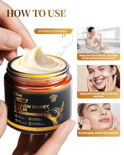 Whipped Beef Tallow for Skin - Grass Fed Tallow Balm with Raw Honey, Unscented Face & Body Moisturizer for Dry Sensitive Skin, Eczema & Rosacea Relief, Non-Comedogenic, Fast Absorbing (4 oz) Avelisse