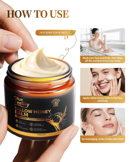 Whipped Beef Tallow for Skin - Grass Fed Tallow Balm with Raw Honey, Unscented Face & Body Moisturizer for Dry Sensitive Skin, Eczema & Rosacea Relief, Non-Comedogenic, Fast Absorbing (4 oz) Avelisse
