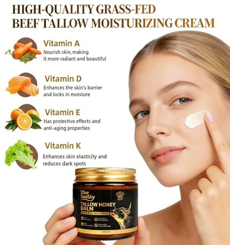 Whipped Beef Tallow for Skin - Grass Fed Tallow Balm with Raw Honey, Unscented Face & Body Moisturizer for Dry Sensitive Skin, Eczema & Rosacea Relief, Non-Comedogenic, Fast Absorbing (4 oz) Avelisse