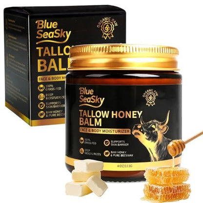 Whipped Beef Tallow for Skin - Grass Fed Tallow Balm with Raw Honey, Unscented Face & Body Moisturizer for Dry Sensitive Skin, Eczema & Rosacea Relief, Non-Comedogenic, Fast Absorbing (4 oz) Avelisse