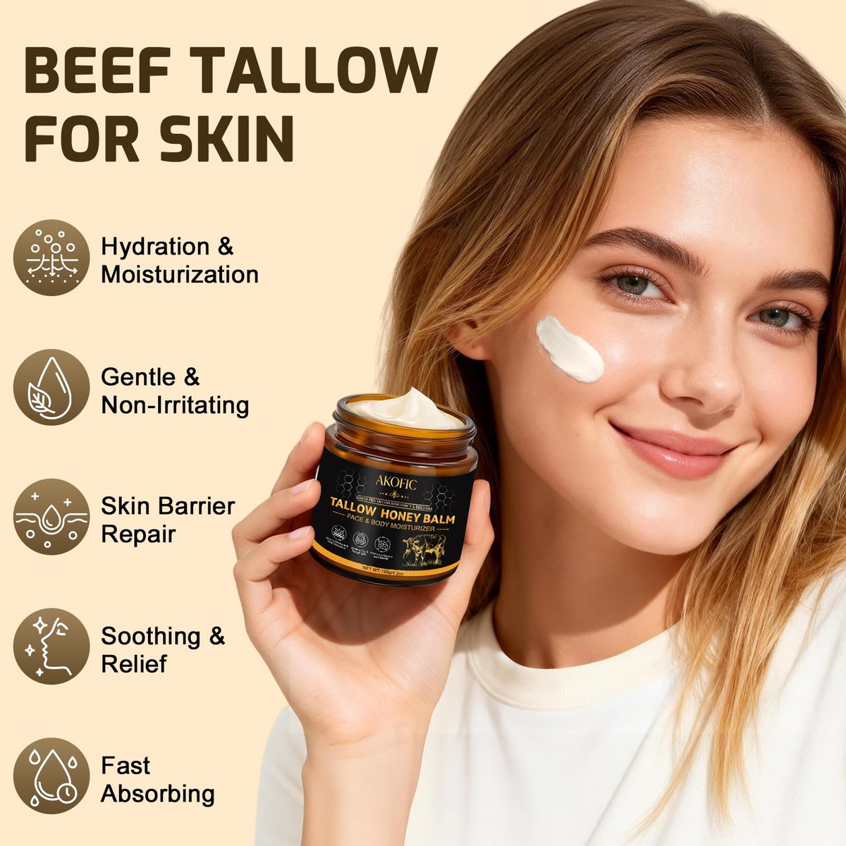 AKOFIC Beef Tallow for Skin - Organic Grass-Fed Tallow and Honey Balm, Natural Body & Face Moisturizer for Dry/Sensitive Skin, 4.2 oz - görsel 3