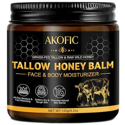 AKOFIC Beef Tallow for Skin - Organic Grass-Fed Tallow and Honey Balm, Natural Body & Face Moisturizer for Dry/Sensitive Skin, 4.2 oz