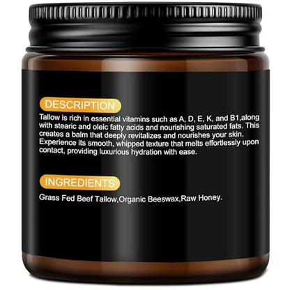 AKOFIC Beef Tallow for Skin - Organic Grass-Fed Tallow and Honey Balm, Natural Body & Face Moisturizer for Dry/Sensitive Skin, 4.2 oz