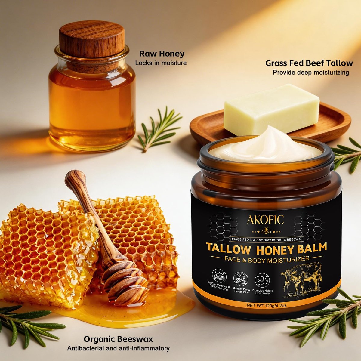 AKOFIC Beef Tallow for Skin - Organic Grass-Fed Tallow and Honey Balm, Natural Body & Face Moisturizer for Dry/Sensitive Skin, 4.2 oz - görsel 5