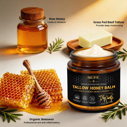 AKOFIC Beef Tallow for Skin - Organic Grass-Fed Tallow and Honey Balm, Natural Body & Face Moisturizer for Dry/Sensitive Skin, 4.2 oz