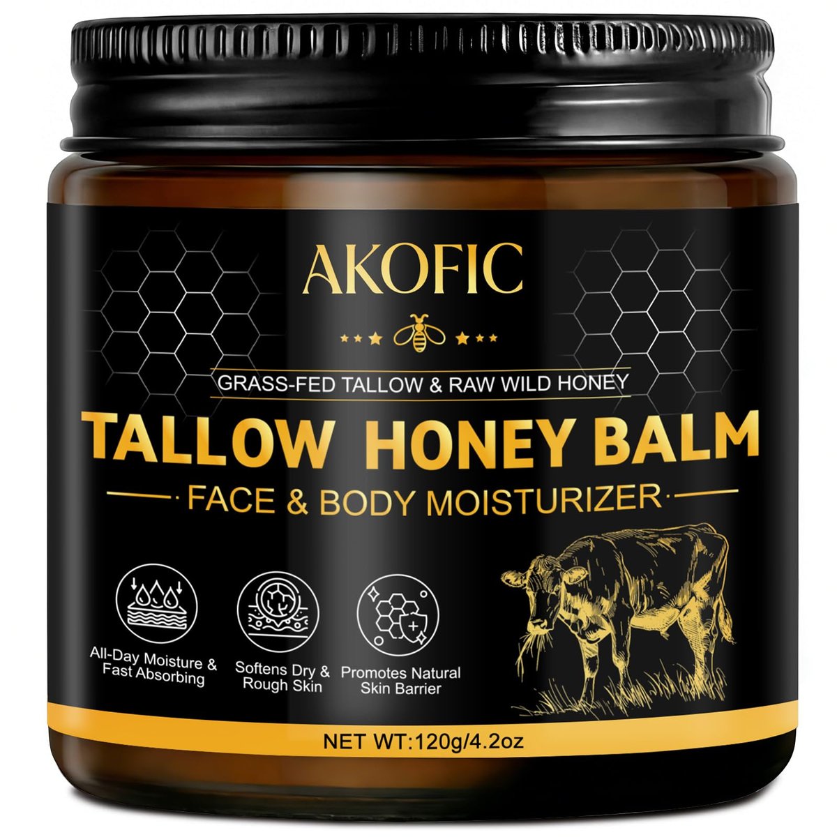 AKOFIC Beef Tallow for Skin - Organic Grass-Fed Tallow and Honey Balm, Natural Body & Face Moisturizer for Dry/Sensitive Skin, 4.2 oz - görsel 1