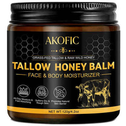 AKOFIC Beef Tallow for Skin - Organic Grass-Fed Tallow and Honey Balm, Natural Body & Face Moisturizer for Dry/Sensitive Skin, 4.2 oz