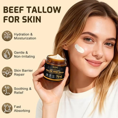 AKOFIC Beef Tallow for Skin - Organic Grass-Fed Tallow and Honey Balm, Natural Body & Face Moisturizer for Dry/Sensitive Skin, 4.2 oz