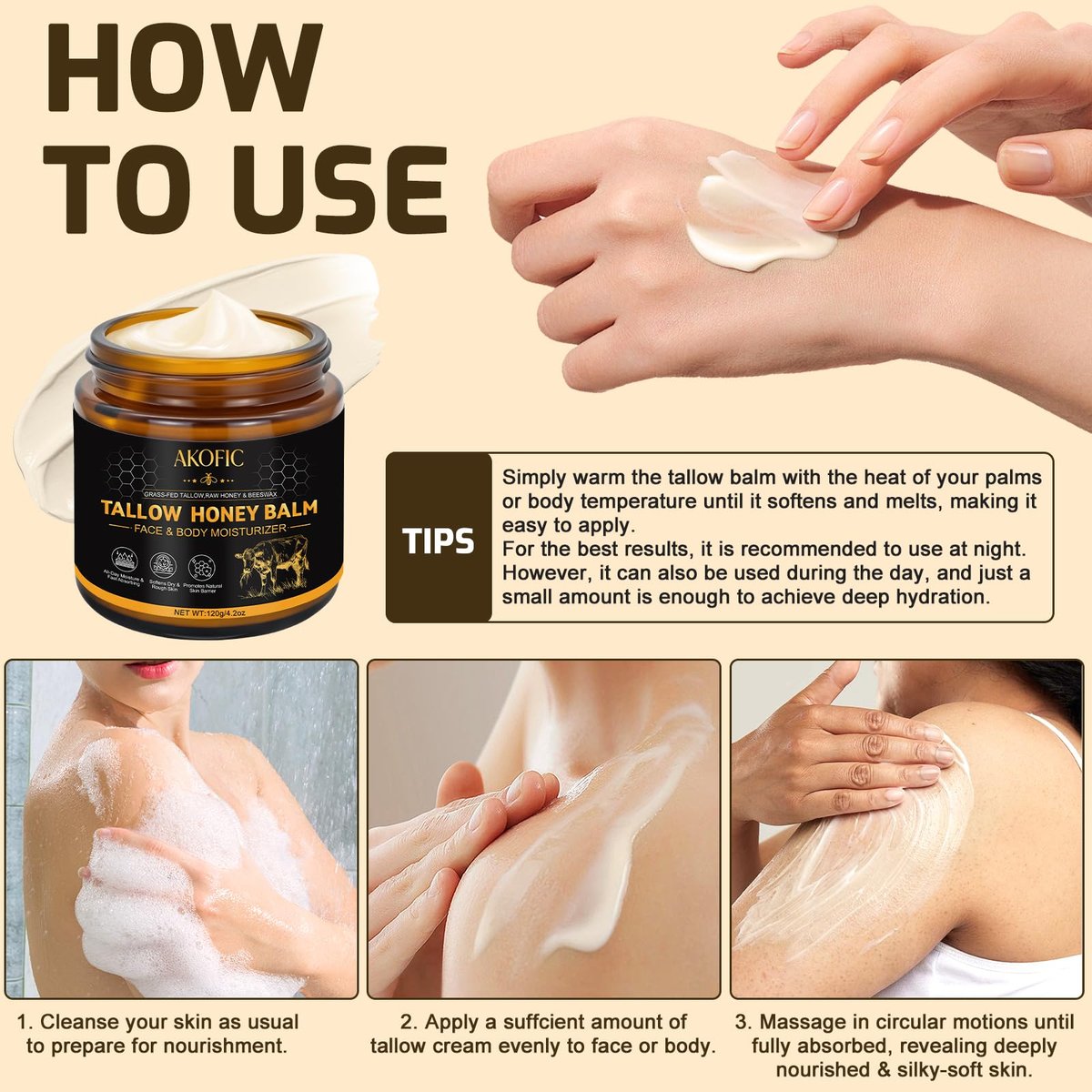 AKOFIC Beef Tallow for Skin - Organic Grass-Fed Tallow and Honey Balm, Natural Body & Face Moisturizer for Dry/Sensitive Skin, 4.2 oz - görsel 13