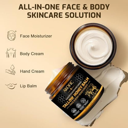 AKOFIC Beef Tallow for Skin - Organic Grass-Fed Tallow and Honey Balm, Natural Body & Face Moisturizer for Dry/Sensitive Skin, 4.2 oz