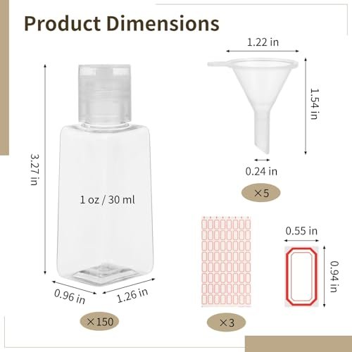 150 Pcs 1 Oz Travel Bottles - Clear Refillable Containers with Flip Caps, Funnels & Labels for Shampoo, Body Wash, Face Cream, Toiletries - görsel 8
