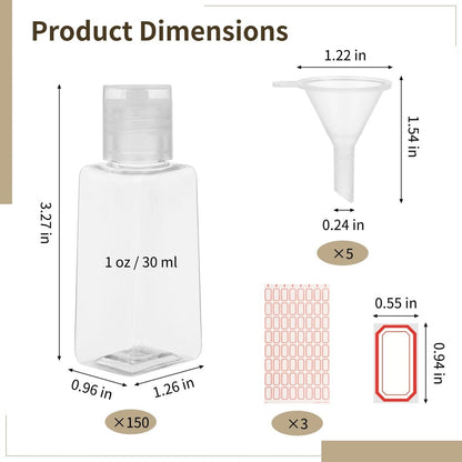 150 Pcs 1 Oz Travel Bottles - Clear Refillable Containers with Flip Caps, Funnels & Labels for Shampoo, Body Wash, Face Cream, Toiletries