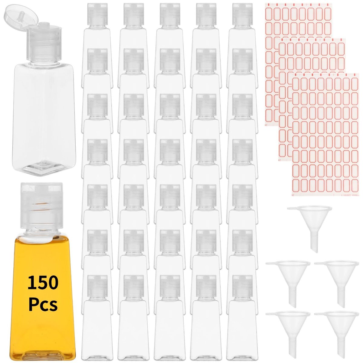 150 Pcs 1 Oz Travel Bottles - Clear Refillable Containers with Flip Caps, Funnels & Labels for Shampoo, Body Wash, Face Cream, Toiletries - görsel 11