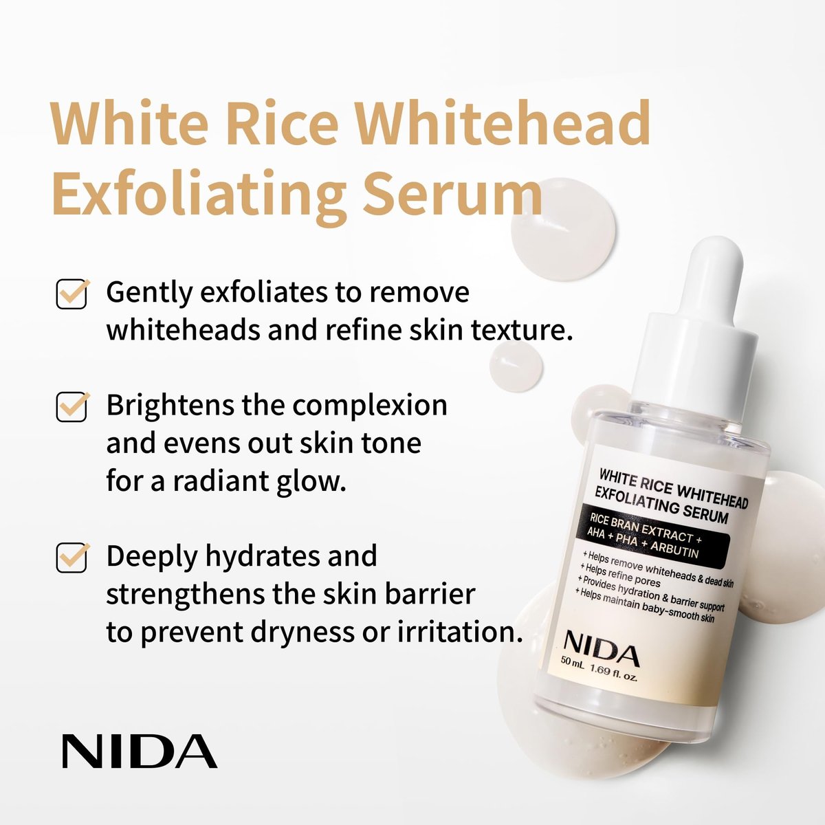 NIDA White Rice Whitehead Exfoliating Serum - 1.69 fl.oz (50ml) Daily Soft Face Scrub for All Skin Types Avelisse