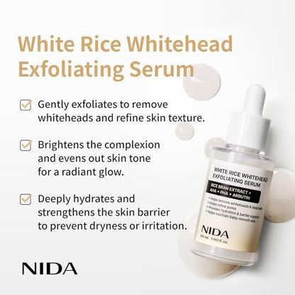 NIDA White Rice Whitehead Exfoliating Serum - 1.69 fl.oz (50ml) Daily Soft Face Scrub for All Skin Types Avelisse