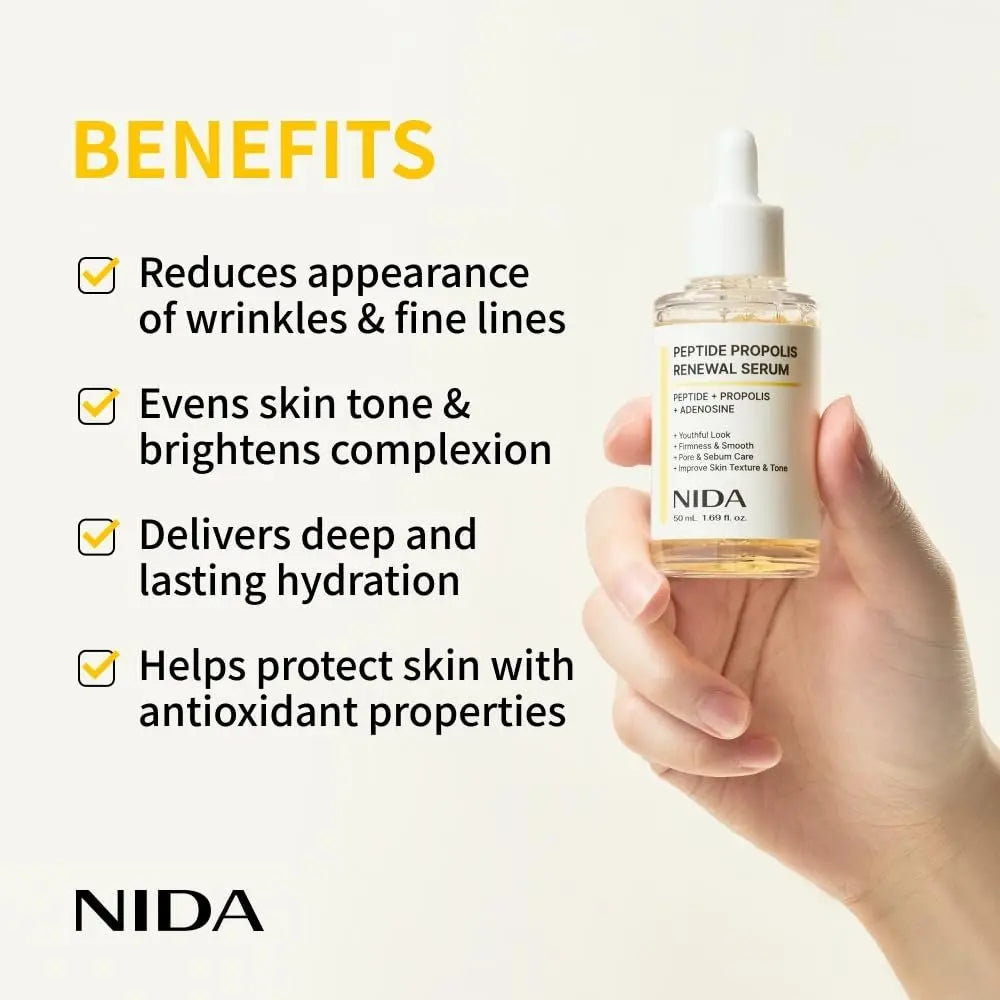 NIDA Peptide Propolis Renewal Serum - Anti-Aging & Pore Care with Peptide Complex, Propolis Extract, Adenosine - 1.69 fl oz (50ml) Avelisse