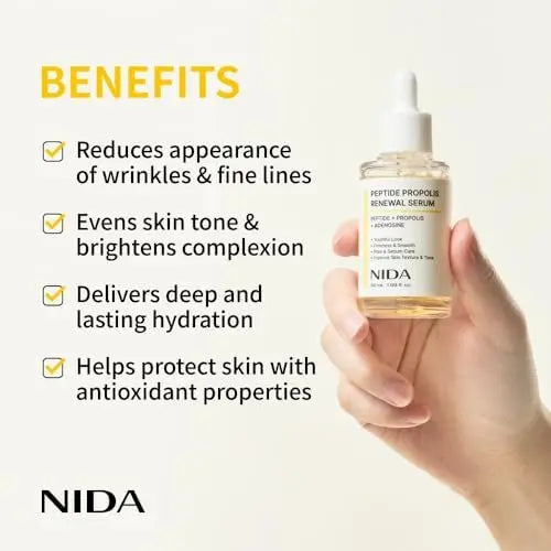 NIDA Peptide Propolis Renewal Serum - Anti-Aging & Pore Care with Peptide Complex, Propolis Extract, Adenosine - 1.69 fl oz (50ml) Avelisse