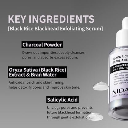 NIDA Black Rice Blackhead Exfoliating Serum - 1.69 fl oz (50ml) Daily Soft Exfoliating Face Scrub for All Skin Types