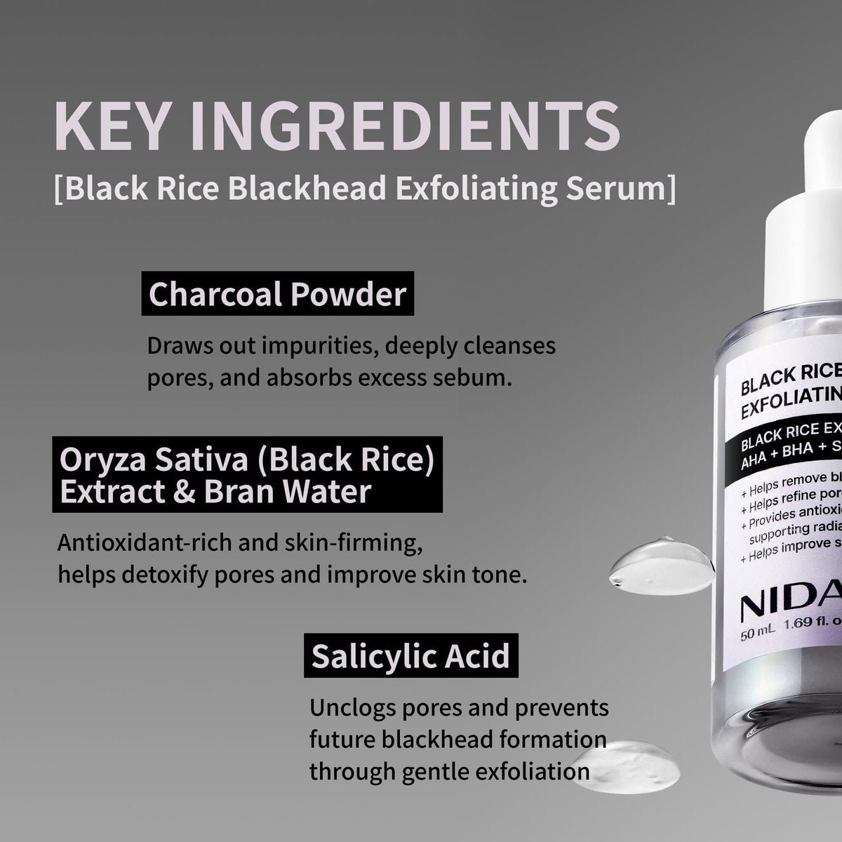 NIDA Black Rice Blackhead Exfoliating Serum - 1.69 fl oz (50ml) Daily Soft Exfoliating Face Scrub for All Skin Types - görsel 7