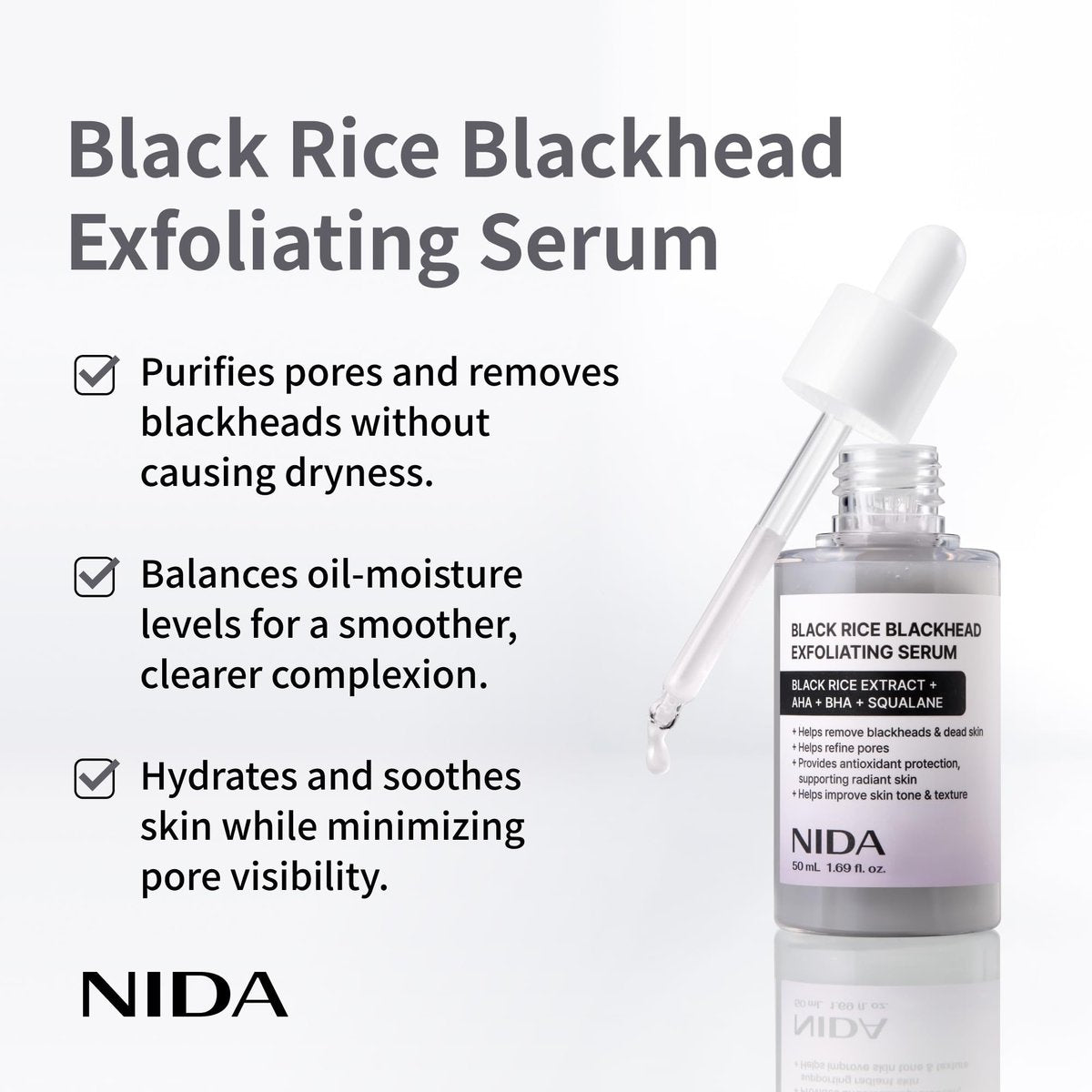 NIDA Black Rice Blackhead Exfoliating Serum - 1.69 fl oz (50ml) Daily Soft Exfoliating Face Scrub for All Skin Types - görsel 5