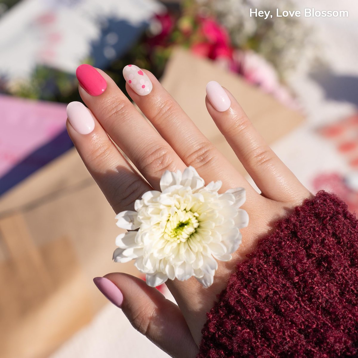 Heyhae Semi Cured Gel Nail Strips - No LED Lamp Needed - Pink Valentine's Design - Easy Apply & Remove, Salon Quality - Includes 28 Strips, Prep Pads, Nail File & Wooden Stick - Hey, Love Blossom Avelisse
