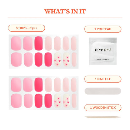 Heyhae Semi Cured Gel Nail Strips - No LED Lamp Needed - Pink Valentine's Design - Easy Apply & Remove, Salon Quality - Includes 28 Strips, Prep Pads, Nail File & Wooden Stick - Hey, Love Blossom Avelisse