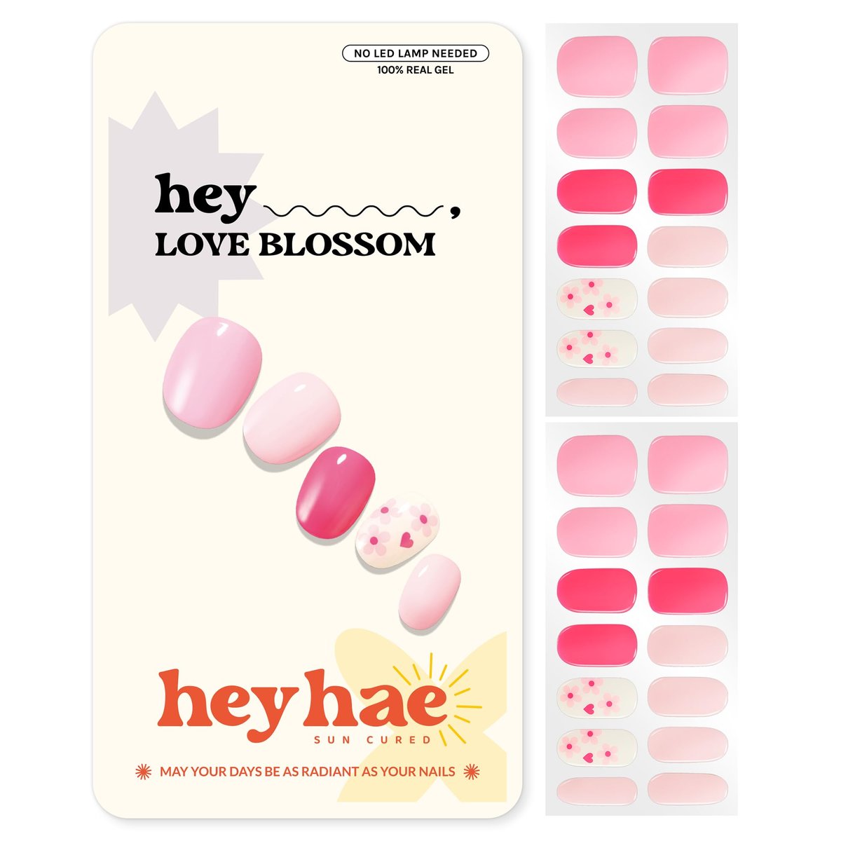 Heyhae Semi Cured Gel Nail Strips - No LED Lamp Needed - Pink Valentine's Design - Easy Apply & Remove, Salon Quality - Includes 28 Strips, Prep Pads, Nail File & Wooden Stick - Hey, Love Blossom Avelisse