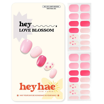 Heyhae Semi Cured Gel Nail Strips - No LED Lamp Needed - Pink Valentine's Design - Easy Apply & Remove, Salon Quality - Includes 28 Strips, Prep Pads, Nail File & Wooden Stick - Hey, Love Blossom Avelisse
