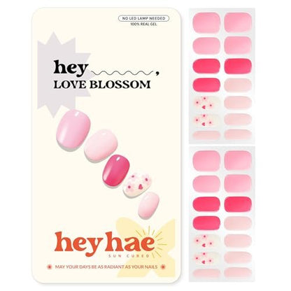Heyhae Semi Cured Gel Nail Strips - No LED Lamp Needed - Pink Valentine's Design - Easy Apply & Remove, Salon Quality - Includes 28 Strips, Prep Pads, Nail File & Wooden Stick - Hey, Love Blossom Avelisse