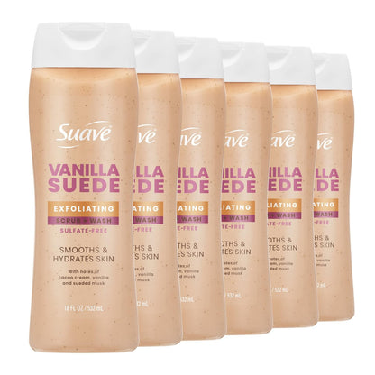 Suave Vanilla Suede Exfoliating Body Wash & Scrub – Sulfate-Free Hydrating Cleanser with Glycerin & Vitamin E, 6 Count (108 Fl Oz Total) Avelisse