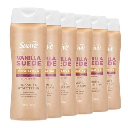 Suave Vanilla Suede Exfoliating Body Wash & Scrub – Sulfate-Free Hydrating Cleanser with Glycerin & Vitamin E, 6 Count (108 Fl Oz Total) Avelisse